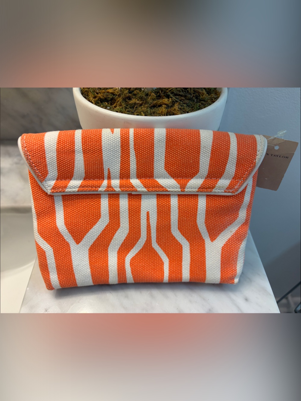 Ann Taylor Orange & White Geometric Canvas Clutch